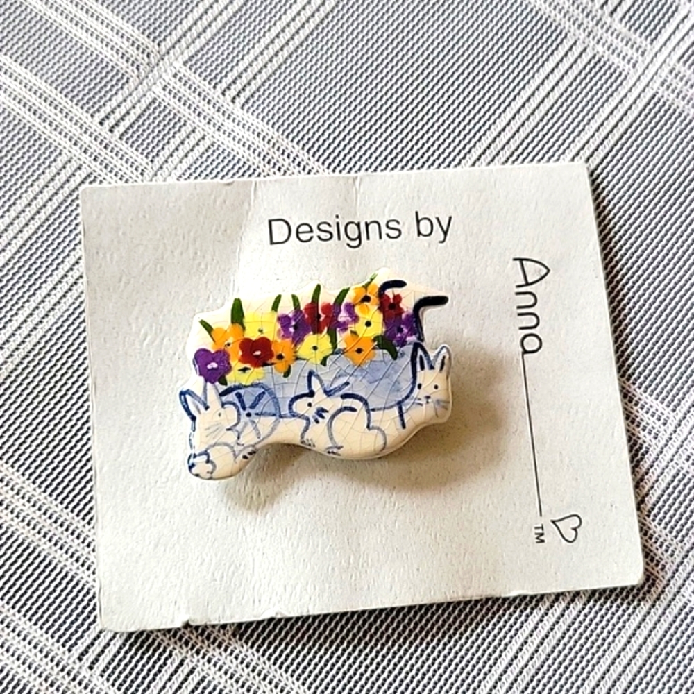 Anna Flower Cart & Bunny Rabbits Crackle Brooch designed by Anna 1998